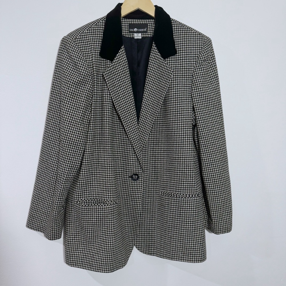 Sag Harbor Wool Blend Houndstooth Print Blazer Velvet Collar Black/White Size 14